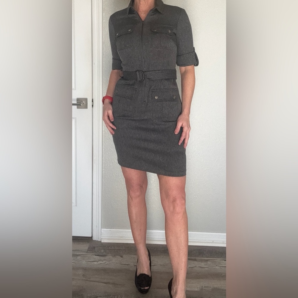 Sharagano Gray Midi, Belted, Dress with Pockets